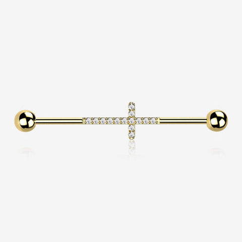 Implant Grade Titanium Golden Sparkle Lined Multi-Gem Cross Industrial Barbell-Clear Gem