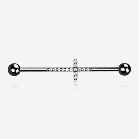 Implant Grade Titanium Blackline Sparkle Lined Multi-Gem Cross Industrial Barbell-Clear Gem