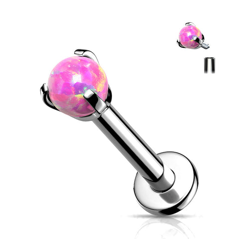 Implant Grade Titanium Internally Threaded Fire Opal Ball Claw Prong Set Labret-Pink Opal