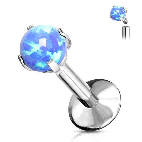 Implant Grade Titanium Internally Threaded Fire Opal Sparkle Prong Set Labret-Blue Opal