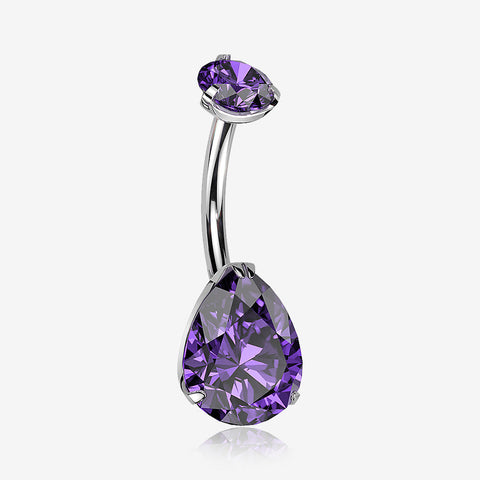 Implant Grade Titanium Internally Threaded Teardrop Prong Set Belly Button Ring-Purple