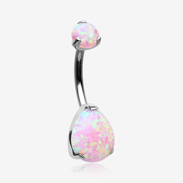 Implant Grade Titanium Internally Threaded Teardrop Opal Prong Belly Button Ring-Pink Opal