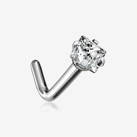 Implant Grade Titanium Prong Set Square Gem Top L-Shaped Nose Ring-Clear Gem