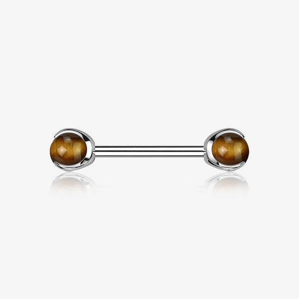 A Pair of Implant Grade Titanium Tiger Eye Stone Ball Claw Prong Internally Threaded Nipple Barbell