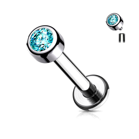 Implant Grade Titanium Internally Threaded Bezel Set Gem Ball Top Labret-Aqua