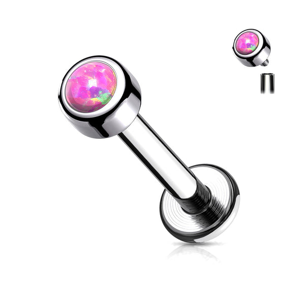 Implant Grade Titanium Internally Threaded Bezel Set Gem Ball Top Labret-Pink Opal