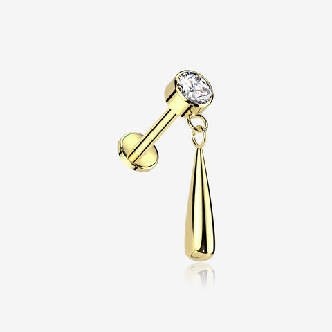 Implant Grade Titanium Golden Gem Sparkle Teardrop Dangle Internally Threaded Flat Back Stud Labret-Clear Gem