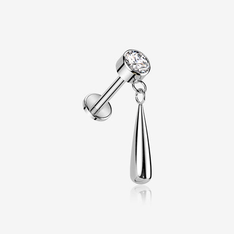 Implant Grade Titanium Gem Sparkle Teardrop Dangle Internally Threaded Flat Back Stud Labret-Clear Gem