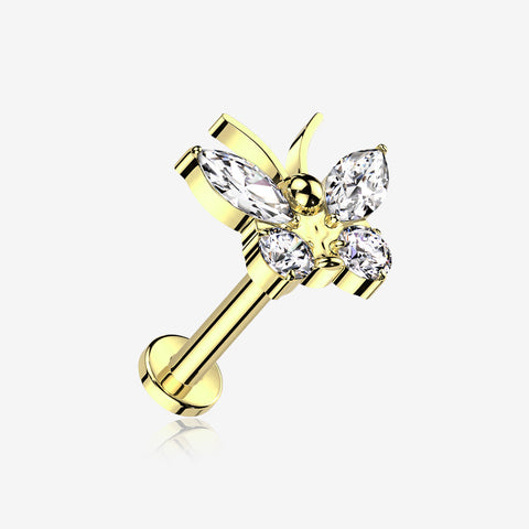 Implant Grade Titanium Golden Butterfly Sparkle Internally Threaded Flat Back Stud Labret-Clear Gem