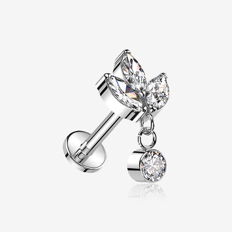 Implant Grade Titanium Marquise Flower Sparkle Dangle Internally Threaded Flat Back Stud Labret-Clear Gem