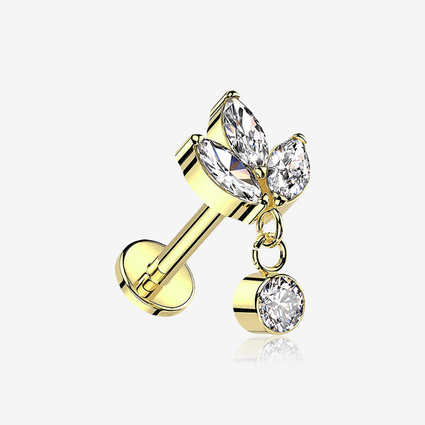 Implant Grade Titanium Golden Marquise Flower Sparkle Dangle Internally Threaded Flat Back Stud Labret-Clear Gem