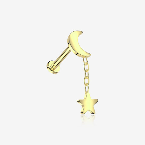 Implant Grade Titanium Golden Crescent Moon with Star Dangle Internally Threaded Flat Back Stud Labret