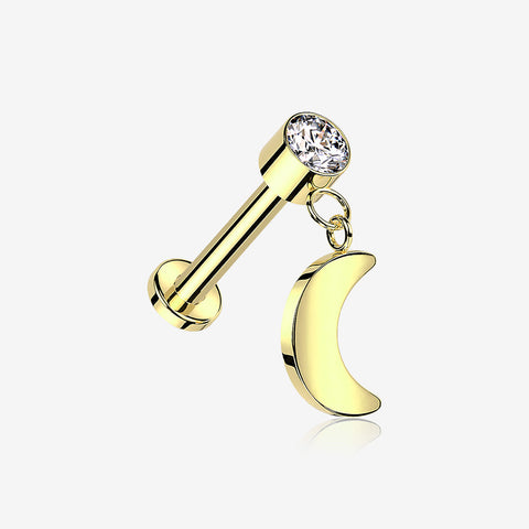 Implant Grade Titanium Golden Bezel Gem Crescent Moon Dangle Internally Threaded Flat Back Labret-Clear Gem