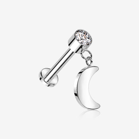 Implant Grade Titanium Bezel Gem Crescent Moon Dangle Internally Threaded Flat Back Labret-Clear Gem