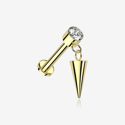 Implant Grade Titanium Golden Bezel Gem Spike Cone Dangle Internally Threaded Flat Back Labret-Clear Gem