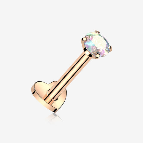 Implant Grade Titanium Rose Gold Prong Gem Sparkle Internally Threaded Heart Back Labret-Aurora Borealis