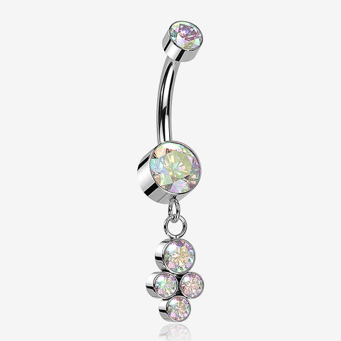 Implant Grade Titanium Sparkle Dangle Cluster Internally Threaded Belly Ring-Aurora Borealis