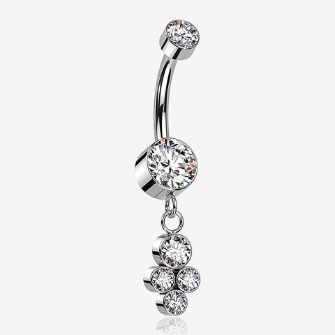 Implant Grade Titanium Sparkle Dangle Cluster Internally Threaded Belly Ring-Clear Gem