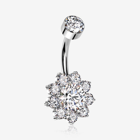 Implant Grade Titanium Brilliant Sparkle Flower Internally Threaded Belly Ring-Clear Gem