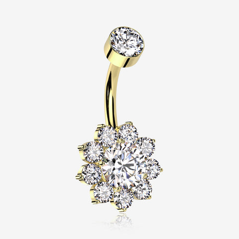 Implant Grade Titanium Golden Brilliant Sparkle Flower Internally Threaded Belly Ring-Clear Gem