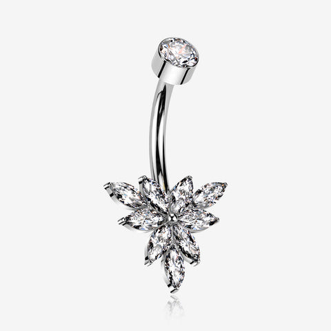 Implant Grade Titanium Marquise Bloom Sparkle Flower Internally Threaded Belly Ring-Clear Gem