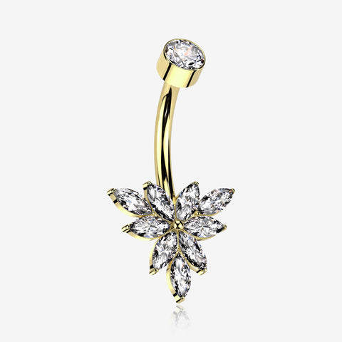 Implant Grade Titanium Golden Marquise Bloom Sparkle Flower Internally Threaded Belly Ring-Clear Gem