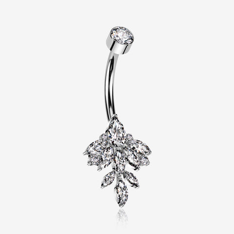 Implant Grade Titanium Marquise Leaflet Sparkle Internally Threaded Belly Ring-Clear Gem