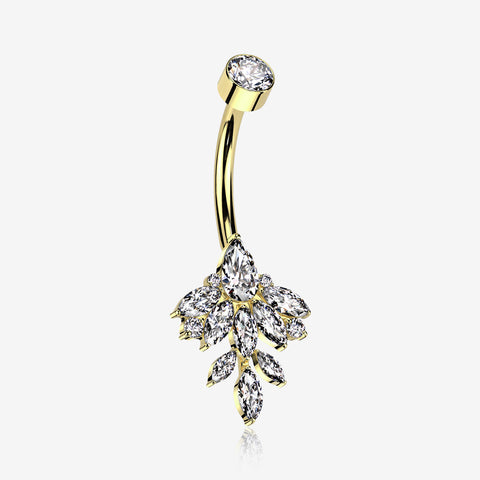 Implant Grade Titanium Golden Marquise Leaflet Sparkle Internally Threaded Belly Ring-Clear Gem