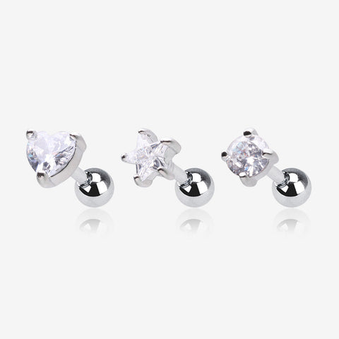 3 Pcs of Assorted Design Sparkle Gems Cartilage Tragus Barbell Earring Package-Clear Gem