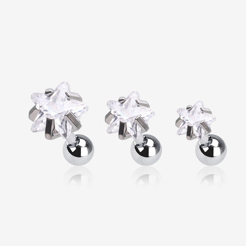 3 Pcs of Assorted Size Star Sparkle Gems Cartilage Tragus Barbell Earring Package-Clear Gem