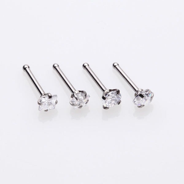 5 Pcs Pack of Assorted Gemstone Prong Set Top Steel Nose Stud Rings-Clear Gem