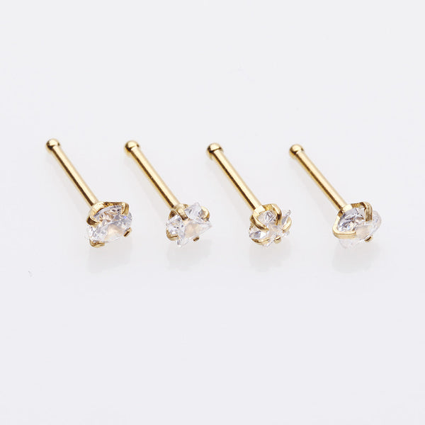 5 Pcs Pack of Assorted Gemstone Prong Set Top Golden Nose Stud Rings-Clear Gem