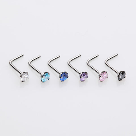 6 Pcs Pack of Assorted Color Prong Set Gemstone L-Shaped Nose Rings