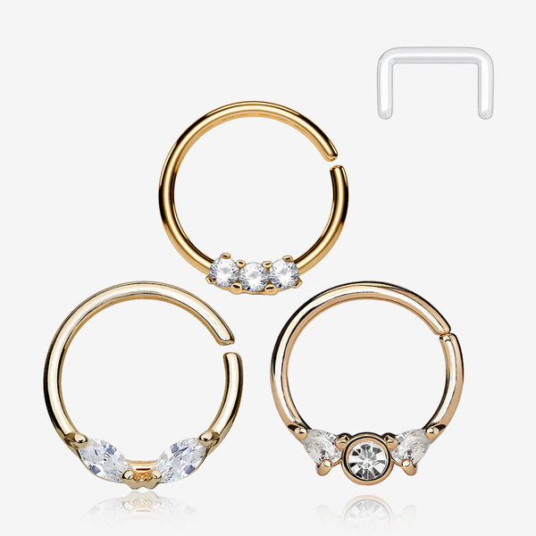 3 Pcs of Assorted Rose Gold Dainty Gem Bendable Hoop Ring with Clear Retainer Package-Clear Gem