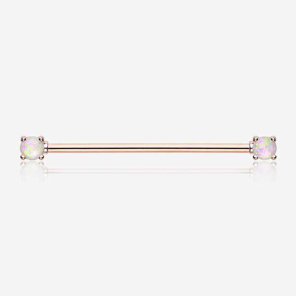 Rose Gold Opal Sparkle Prong Industrial Barbell-White