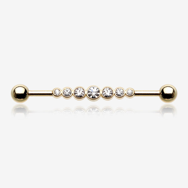 Golden Dazzling Gem Row Industrial Barbell-Clear Gem