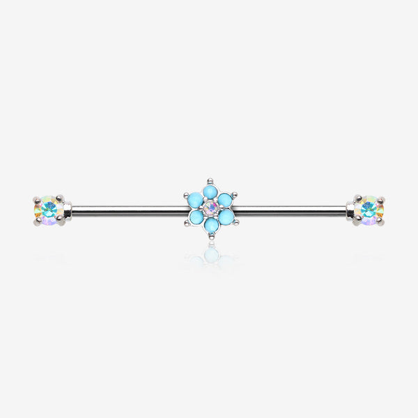 Turquoise Spring Flower Sparkle Prong Industrial Barbell-Aurora Borealis