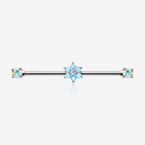 Turquoise Spring Flower Sparkle Prong Industrial Barbell-Aurora Borealis