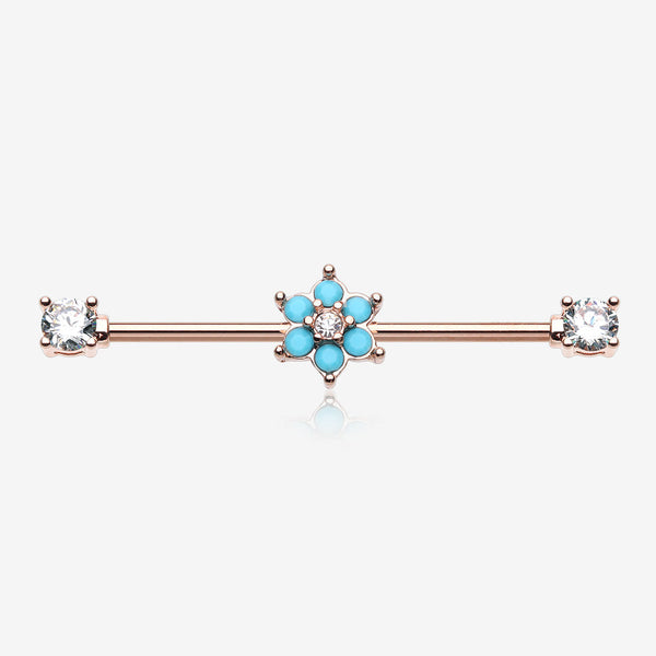 Rose Gold Turquoise Spring Flower Sparkle Prong Industrial Barbell-Clear Gem/Turquoise