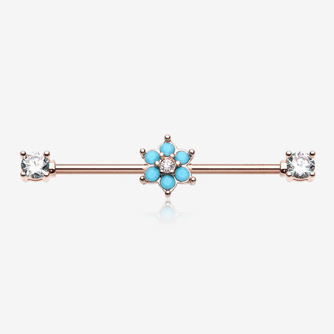 Rose Gold Turquoise Spring Flower Sparkle Prong Industrial Barbell-Clear Gem/Turquoise