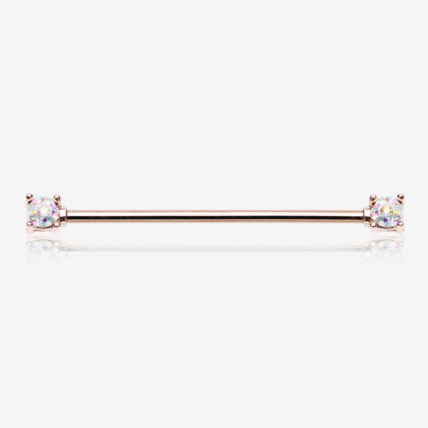 Rose Gold Sprinkle Dot Multi-Gem Sparkle Double Prong Industrial Barbell-Aurora Borealis