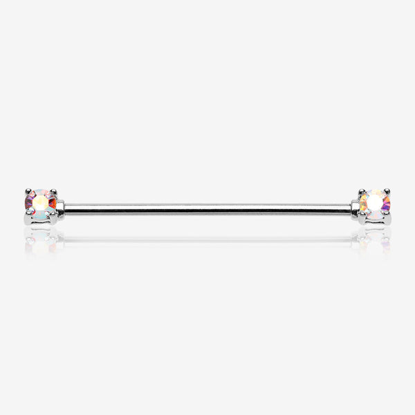 Brilliant Sparkle Gem Prong Set Industrial Barbell-Aurora Borealis