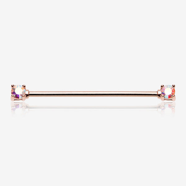 Rose Gold Brilliant Sparkle Gem Prong Set Industrial Barbell-Aurora Borealis