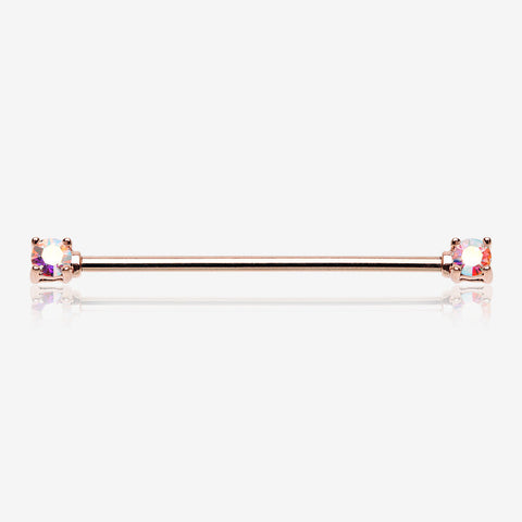 Rose Gold Brilliant Sparkle Gem Prong Set Industrial Barbell-Aurora Borealis