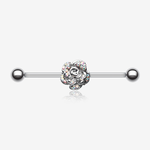 Gleam Rose Blossom Industrial Barbell-Aurora Borealis