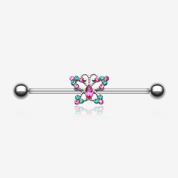 Glam Butterfly Sparkle Industrial Barbell-Teal/Fuchsia