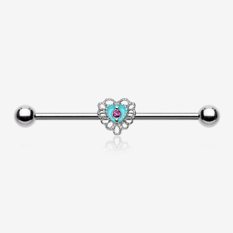 Victorian Filigree Heart Sparkle Industrial Barbell-Turquoise/Fuchsia