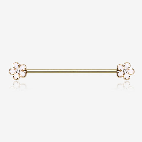 Golden Plumeria Flower Sparkle Industrial Barbell-White/Clear