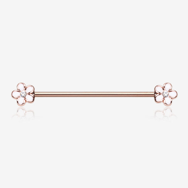 Rose Gold Plumeria Flower Sparkle Industrial Barbell-White/Clear