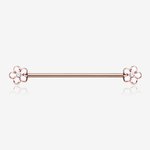 Rose Gold Plumeria Flower Sparkle Industrial Barbell-White/Clear